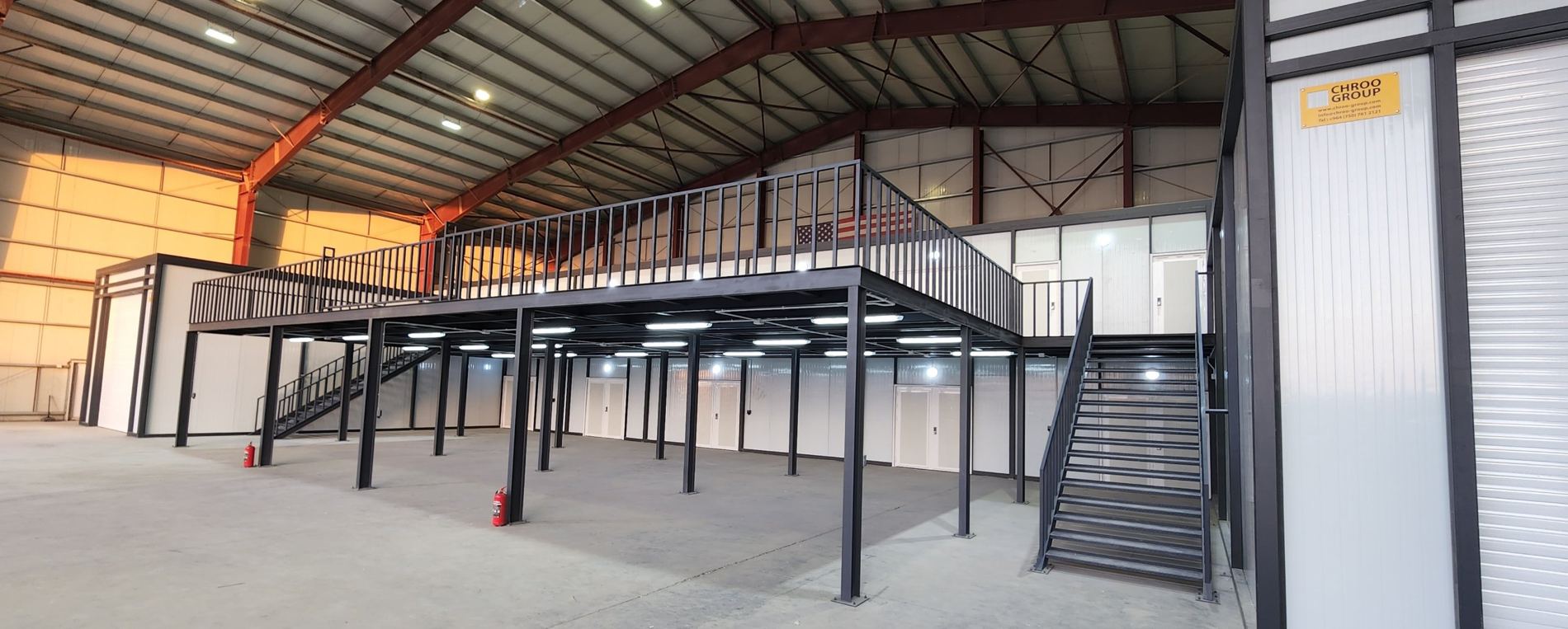 Two storey steel mezzanine built by Chroo Group inside a warehouse